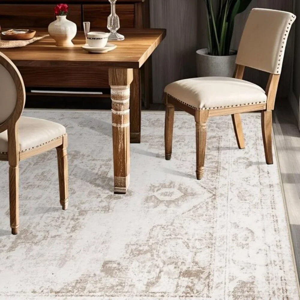 New 5x7 Beige Vintage Area Rug, Washable Low Pile Medallion Carpet for Any Room